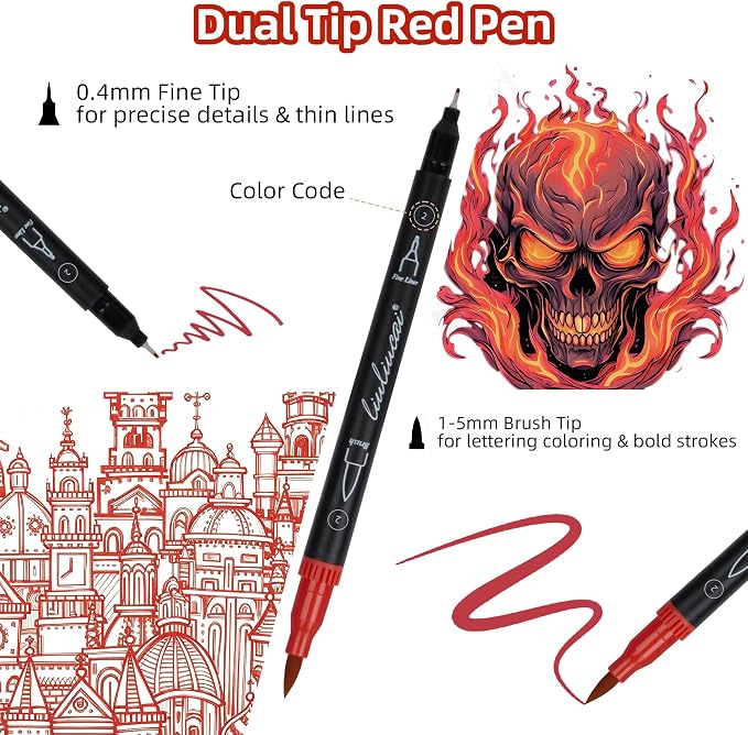 LIULIUCAI 10 Red Dual Markers, Fine & Brush Tip Pen for Adult Coloring | Bold Red Markers Brush Pens for Christmas Cards, Love Letters, Highlights Outlining, Signatures Illustration Gift