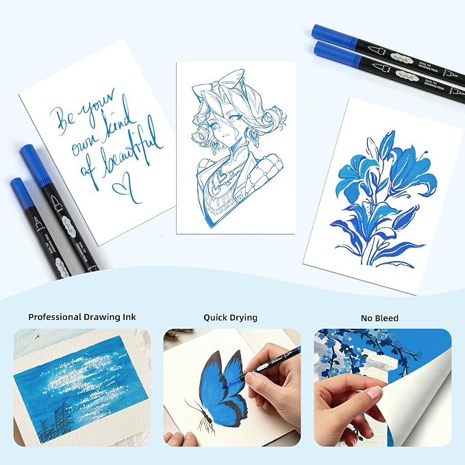 10 Pack Blue Markers for Coloring,1-6mm Dual Brush Pens with 0.4mm Fine Tip Markers,Blue Drawing Pens for Art Drawing Sketching Calligraphy