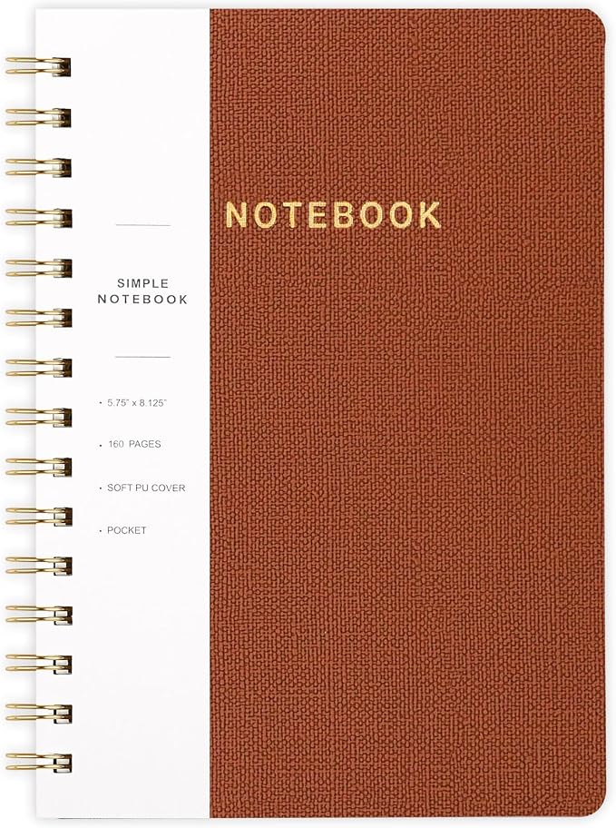 Spiral Notebook-5.75" x 8.125" College Ruled Journal with Inner Pockets and 160 Pages,PU Leather Cover Business Journal, Twin-Wire Binding Notebook Perfect for Office & Home School Supplies Brown