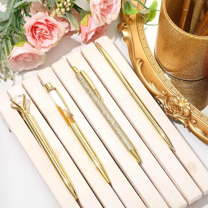 Sabary 8 Pcs Gold Pens with Pen Holder for Desk Glitter Crystal Diamond Cute Ballpoint Fancy Pencil Holder Bling Desk Organizer for Women Girls School Office Supplies Wedding Graduation Gifts