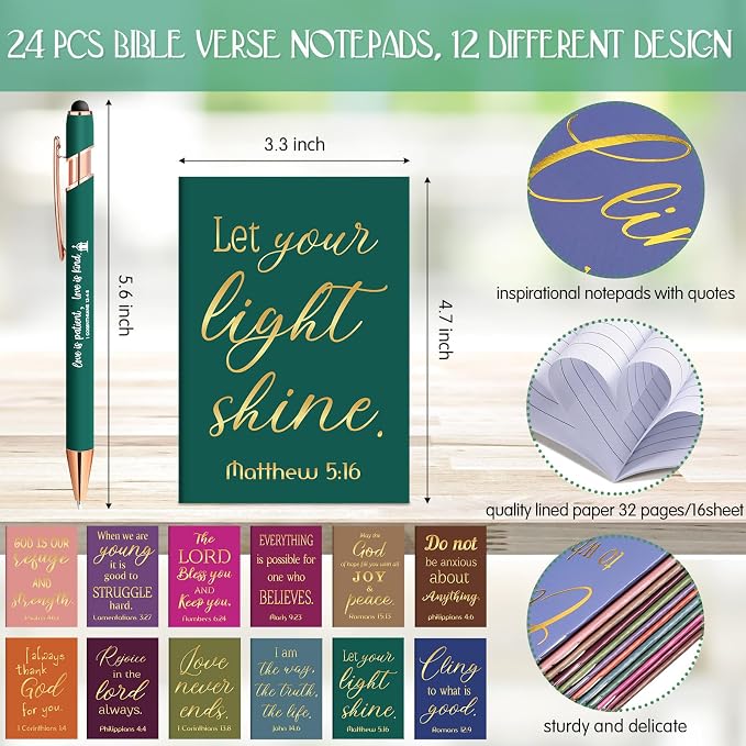 Estune 48 Pcs Christian Gifts for Women Bible Pens Notepads Gift Set Ballpoint Pen Notebook Inspirational Quotes Christian Pen Bible Motivational Gift for Church Coworker (Simple Style)