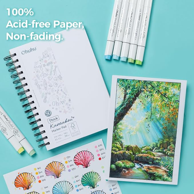 Ohuhu 5.5"x8.5" Double-Sided Bleedproof Marker Pad Art Sketchbook 50 Sheets | Small Sketch Book - 160 LB/280 GSM Smooth Drawing Paper - 50 Sheets/100 Pages - Spiral-Bound Sketch Pad for Alcohol Markers