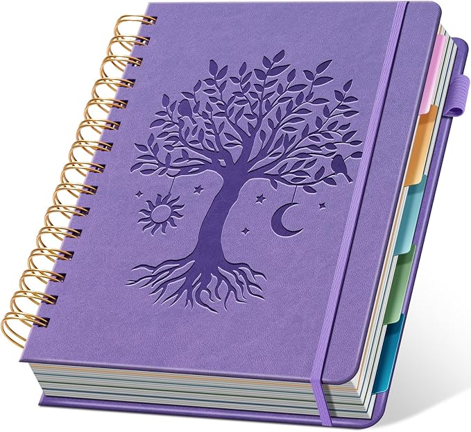 Ovesmusl Hardcover Spiral Notebook 6.1" x 8.4" with 5 Removable Dividers 300 Pages Leather 5 Subject Notebook College Ruled 100GSM Large Spiral Notebooks for Work Thick Lined Journal for Women, Purple