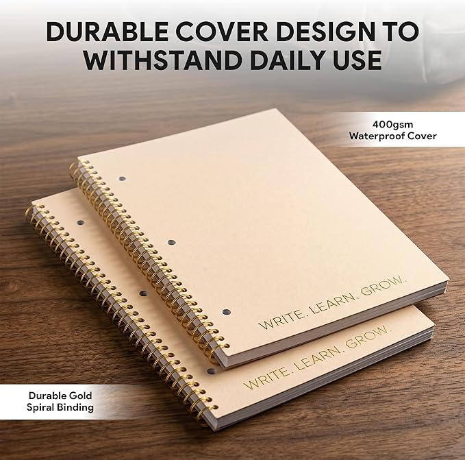 Decorably 5-Pack 140 Pages Gold Foiled Spiral College Ruled Notebook Set | 8x10.5in Spring Bound, 3-Hole Punched and Easy Tear-Off Perforated Design, Lined Pages - Work, School, Office