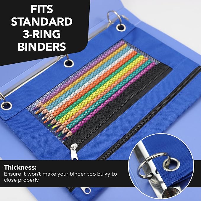 3 Ring Pencil Pouch for Binder, 2-Pocket Zipper Pencil Case with Clear Window & Mesh Pocket, 600D Oxford Fabric Binder Pouch for School Office Supplies, Fits Standard 3-Ring Binders, Blue