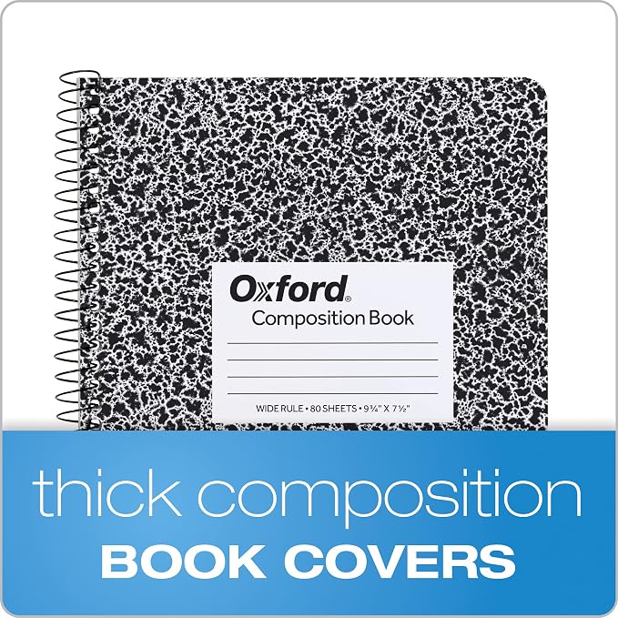 Oxford Spiral Composition Notebooks, Wide Ruled Paper, 9-3/4 x 7-1/2 Inches, 80 Sheets, Black Marble Cover (64950), 4 Count (Pack of 6)