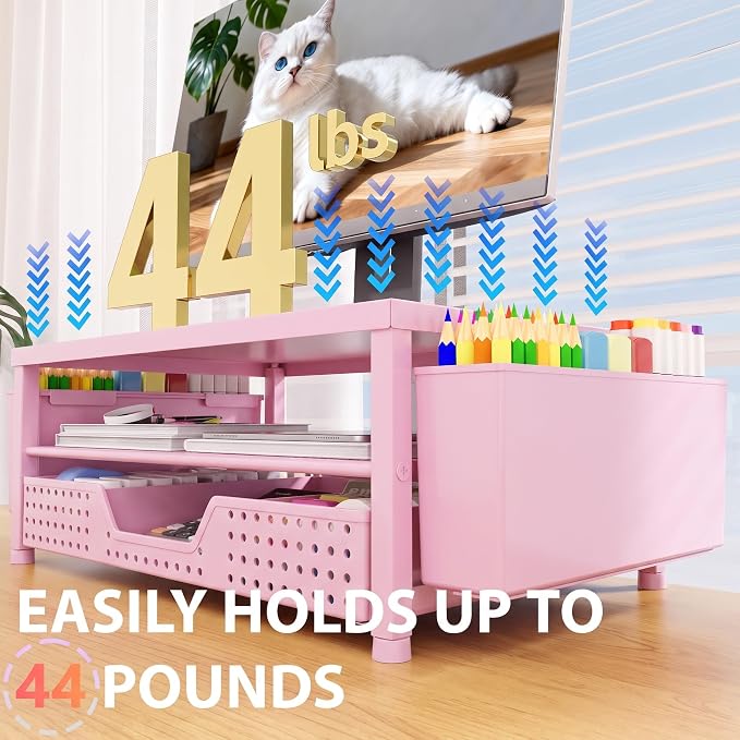 OPNICE Desk Organizers and Accessories, 2-Tier Computer Monitor Stand Riser with Drawer and 2 Pen Holders, Laptop Stand, Office Desk Accessories for Office Supplies, Pink