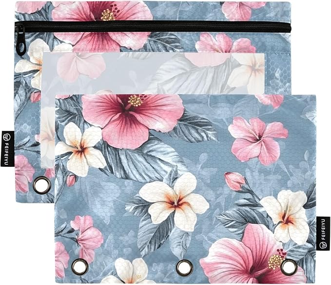 Pink Hibiscus Flower Pencil Pouch for 3 Ring Binder 2 Pack Zipper Binder Pencil Bag with Clear Window Pencil Case for Office Supplies