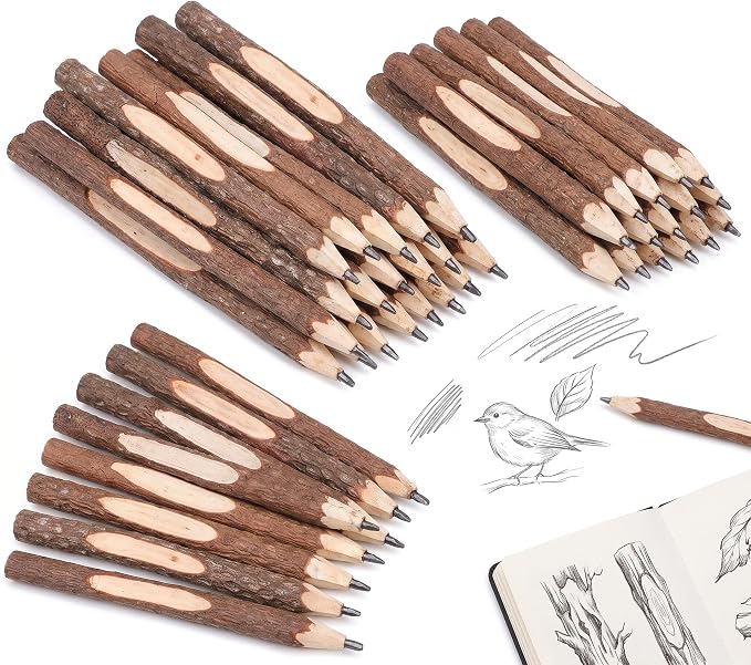 Tofficu 32Pcs Natural Wood Pencils, Wood Graphite Long Twig Pencils, Wooden Tree Bark Pencil Decor, Camping Pens for School Party Supplies Novelty