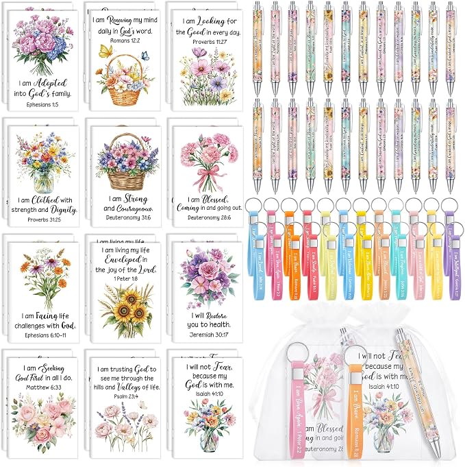Mooliwe 24 Set Positive Affirmation Gift Set Gratitude Notebooks with Pens Keychains Small Bags Motivational Party Favors for Adult Women Coworkers Employee Group (Floral)
