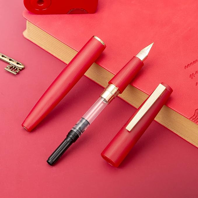 Jinhao 80 Red Fiber Brushed Fountain Pen, Iridium Fine Gold Nib with Ink Converter, Classic Design Smooth Writing Pen (Gold Clip)