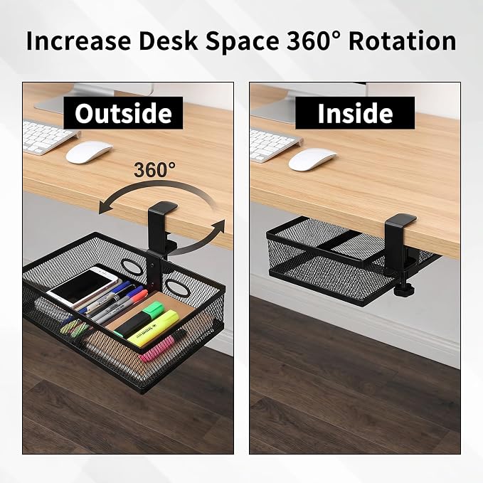 Under Desk Storage Basket, 360 Degree Swivel Clamp On Mesh Desk Organizer No Drill Installation Hidden Storage Drawer Mount Tray for Office Home Art Supplies, Black