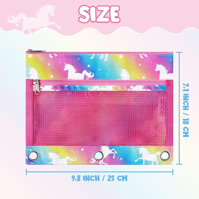 WAWSAM Unicorn Pencil Pouch for 3 Ring Binder, Zipper Pencil Pouch for Girl | 2 Pocket Clear Window Pencil Case, 3 Ring Pencil Pouch for School Supplies, Pencil Bags for Office College