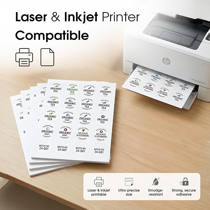 2" Printable Round Labels for Laser and Inkjet Printers - 5000 Blank Labels, 250 Sheets for Thank You Stickers, Price Tags, QR Codes, Business Logos - Spartan Industrial Template C004