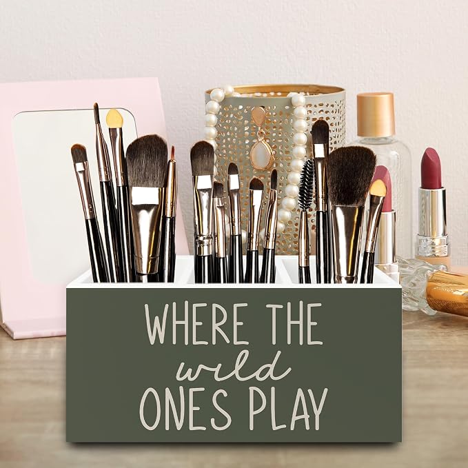 Boho Green Kids Pen Pencil Holder Organizer for Desk, Where the Wild Ones Play Wooden Box Signs Decorations for Kids Boys Room Bedroom Playroom Desk Tabletop, Boy Nursery Decor