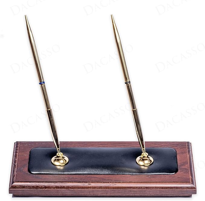 Dacasso Luxury Walnut & Black Leather Double Pen Stand with Rolling Ball Pen - Executive Desk Decor and Elegant Organizer