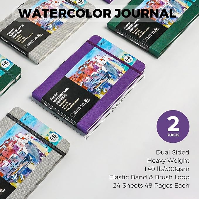 Funto Watercolor Journal, 8.5x5.5, 2 Pack, 48 Pages Each, Purple Leather Cover, Cold-Pressed, Inner Paper Pocket, Art Supplies for Mixed Media