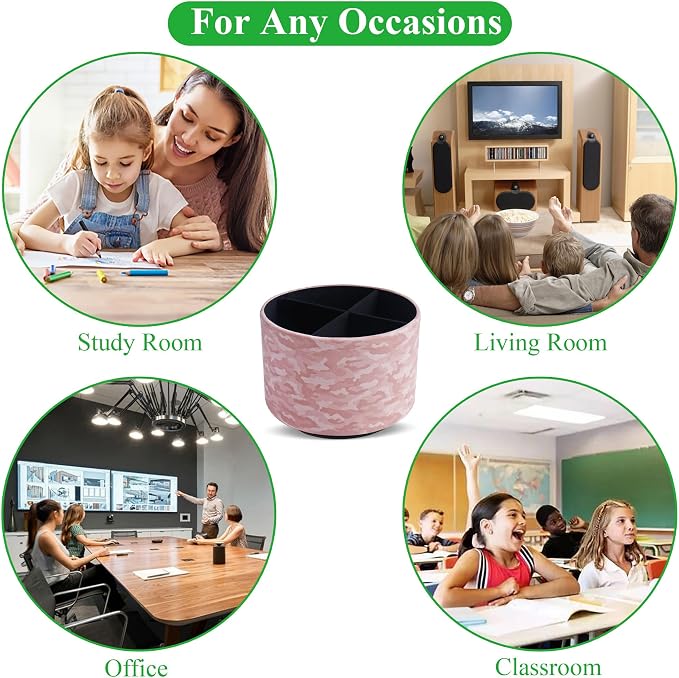Round Leather Art Supply Organizer,Remote Control Holder,360 Degree Rotating,Multi-Functional Pencil Holder,4 Compartments Desktop Stationary Organizer(1-Camouflage Pink)