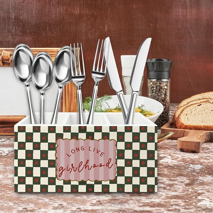 Girls Room Decor Pen Pencil Holder Organizer for Desk, Long Live Girlhood Green Checkered Wooden Box Signs Decorations for Kids Girls Room Bedroom Desk Tabletop, Girl Nursery Decor