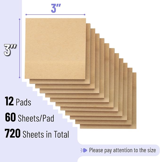 Mr. Pen- Kraft Sticky Notes, 3"x3", 12 Pads, 720 Sheets, Brown | Sticky Notes Bulk, Self-Stick Note Pads, Perfect for Office, School, Home, Study & Organization