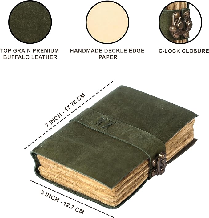 Vintage Leather Journal Handmade Buffalo Deckle Edge Paper – Leather Bound Journal for Women Men Vintage C-Lock Closure Ideal for Writing & Travel for Artists