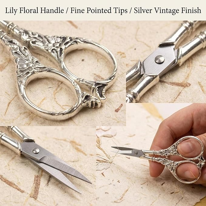 BIHRTC Vintage European Style Scissors Stainless Steel for Cross Stitch Cutting Embroidery Sewing Handcraft Craft Art Work DIY Tool(Silver)