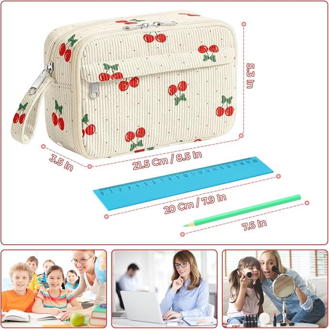 WOBAGMEN Cute Pencil Case,Large Corduroy Zippered Pencil Case Pouch, Aesthetic Pencil Bag with Compartments, Pencil Pouch School Supplies (Cherry Polka Dots)