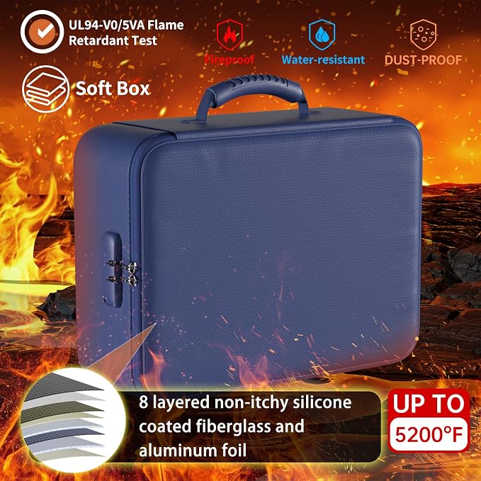 DocSafe 5200°F Fireproof Document Organizer Box with Lock, Blue (Soft) | Heat Insulated 8 Layers File Protection Bag,Water-Resistant Zipper,Portable Home Office Travel Safe Storage for Files,Laptop