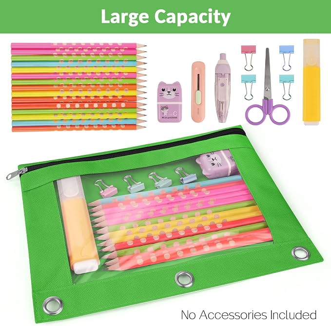 Sooez Pencil Pouch for 3 Ring Binder, 2 Pack Binder Pencil Pouch with Clear Window Pencil Bags with Zipper & Reinforced Grommets, Pencil Case for Binder Blue & Green
