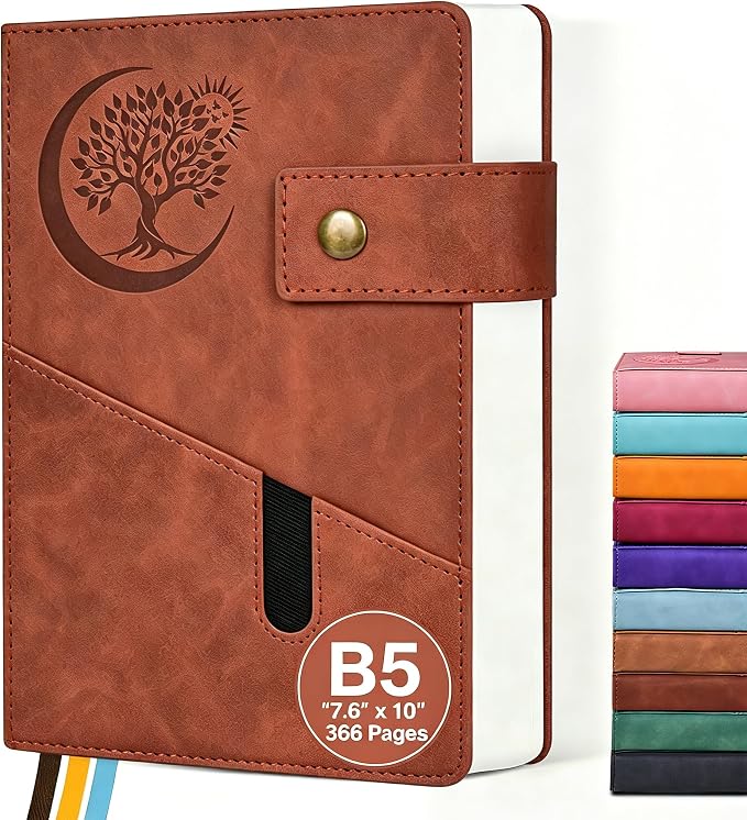 PAIBAS 7.6 x 10 Lined Notebook Journal 366 Pages Leather Journal for Men | Large notebook B5 journal with 100gsm lined notebook paper college ruled, 3 ribbon bookmarks, cover pocket & brass snap.