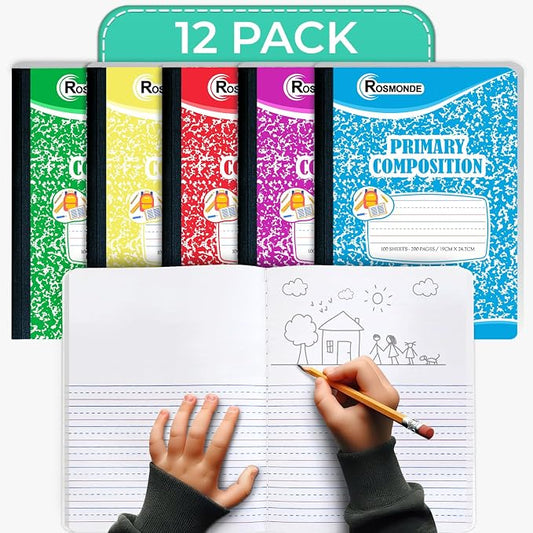 Rosmonde Composition Notebooks Primary Ruled, 12 Pack, 100 Sheets | Bulk Primary Composition Notebooks, Draw and Write Journal, Grades K-2, 200 Pages (100 Sheets), Hard Cover, Assorted Colors