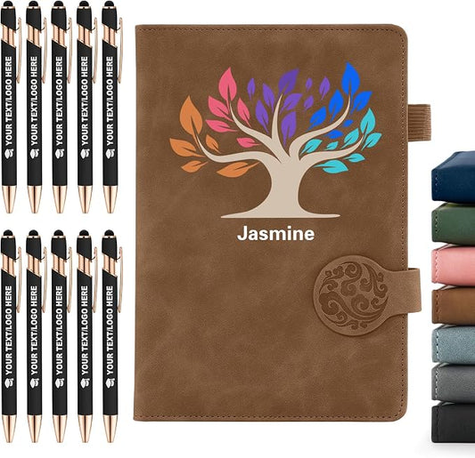 ENOMY Personalized Notebook & 10 PC Pens Set Custom Notebook 200 Pages A5 Lined Journal for Men Women Leather Notebooks for Work Office College Graduation New Year Gifts, Brown