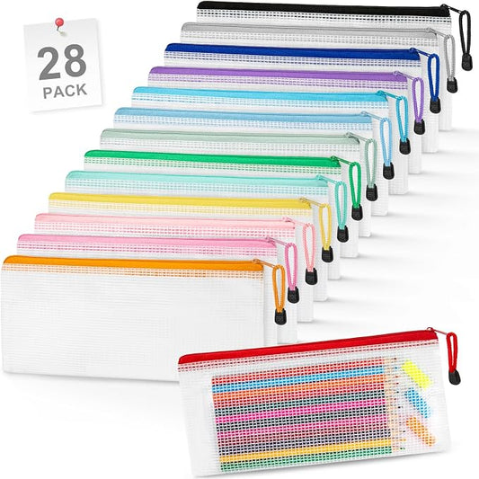 Smarpau 28pcs Pencil Pouch, 14 Colors Clear Pencil Cases for Organizing | 9.3" x 4.7" Mesh Zipper Pouche Bags for Office Home Travel Storage