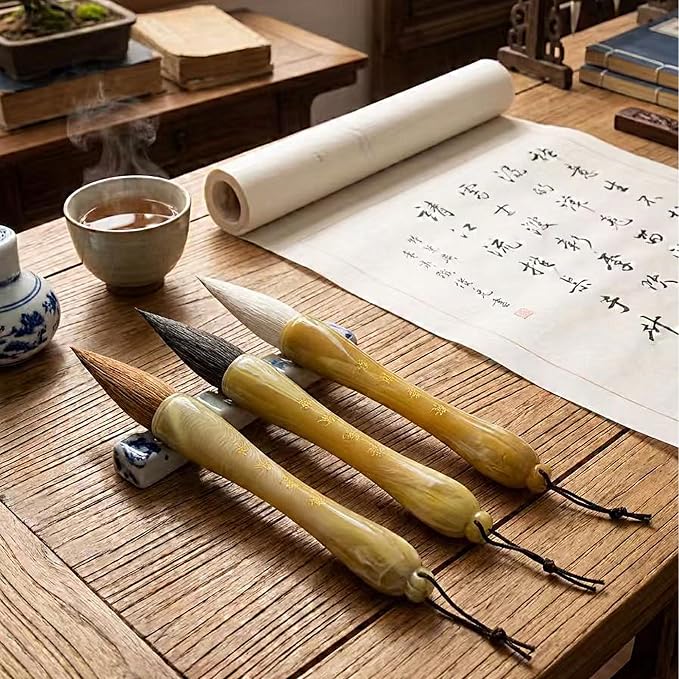 3PCS Large Chinese Calligraphy Brush Set,Sumi Brushes Watercolor Painting Brush with Adjustable Pen Holder,Traditional Ink Writing Drawing Supplies for Kanji-Chinese Ink Brush for 7-16cm