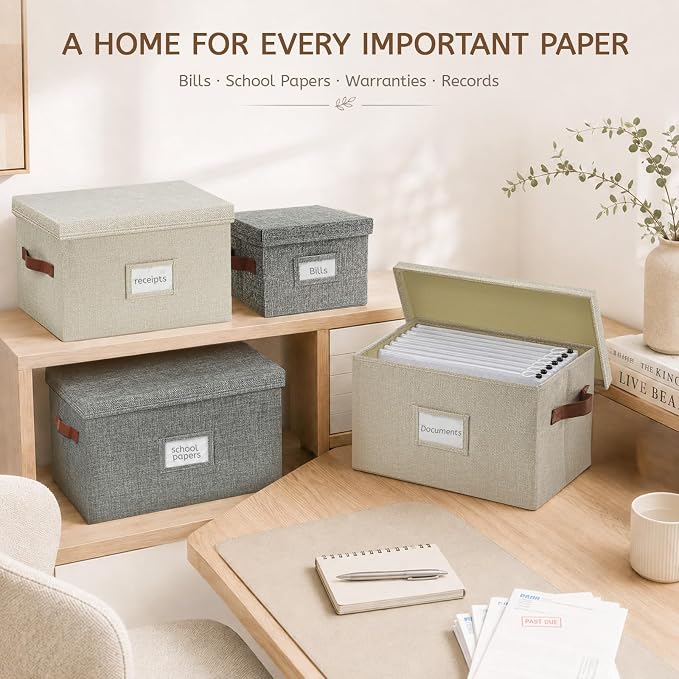 Collapsible Paper Storage Box with Lid, Grey | Office files & board games | Fits A4/B4 papers | Linen-look & dust-proof | Stackable | Includes labels & glue dots