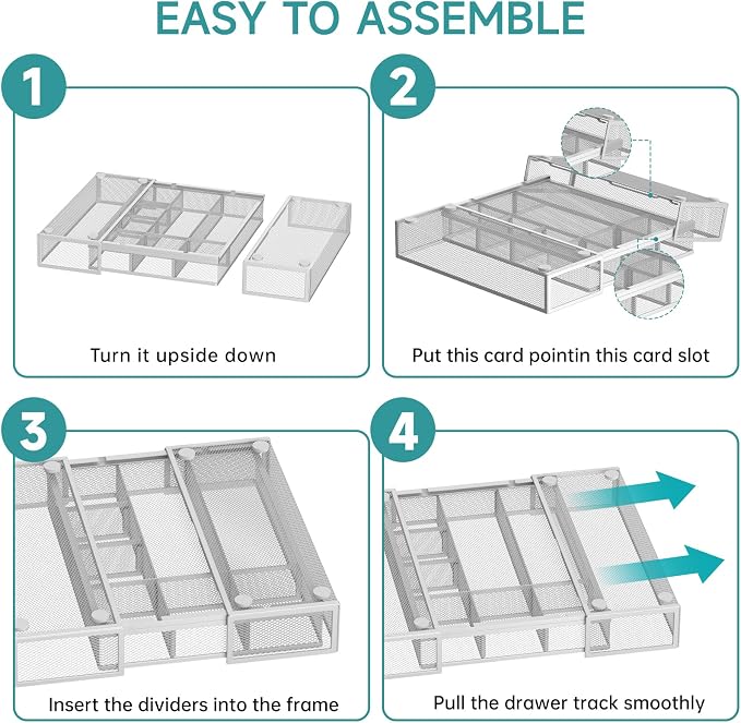 Expandable Desk Drawer Organizer, 10 Adjustable Compartments, White | Metal mesh drawer organizer tray with 5 removable dividers, expands from 8.74 to 16 in for office supplies, makeup or tools