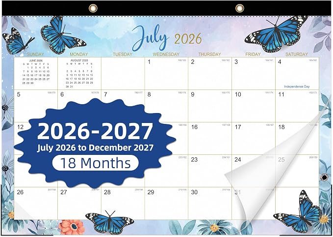 Tcamp Desk Calendar 2026-2027, Large Desktop/Wall Monthly Calendar (Jul. 2026 - Dec. 2027) 17'' x 12'' School Year Wall Desk Planner for Teacher Family School Office Supplies (Butterflies)