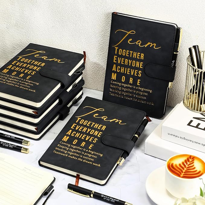 Kosiz 20 Pcs/10 Sets Employee Appreciation Gift Bulk A5 Leather Notebook Inspirational Journal Pen Thank You Gift for Men Women Coworker Teacher Office Back to School(Black,Team)