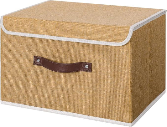 ANMINY Storage Bin with Lid Storage Boxes with PU Leather Handles PP Plastic Board Decorative Foldable Lidded Cotton Linen Fabric Home Cubes Baskets Closet Organizer Container - Khaki, Medium