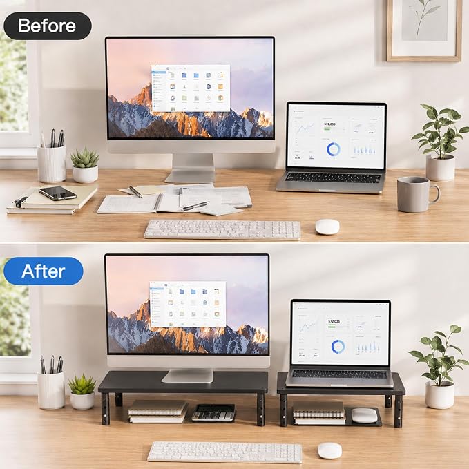 OPNICE Desk Organizers and Accessories, Adjustable Computer Monitor Stand Riser, Laptop Stand for Desk, Office Desk Accessories & Workspace Organizers for Home Office, Black Wood