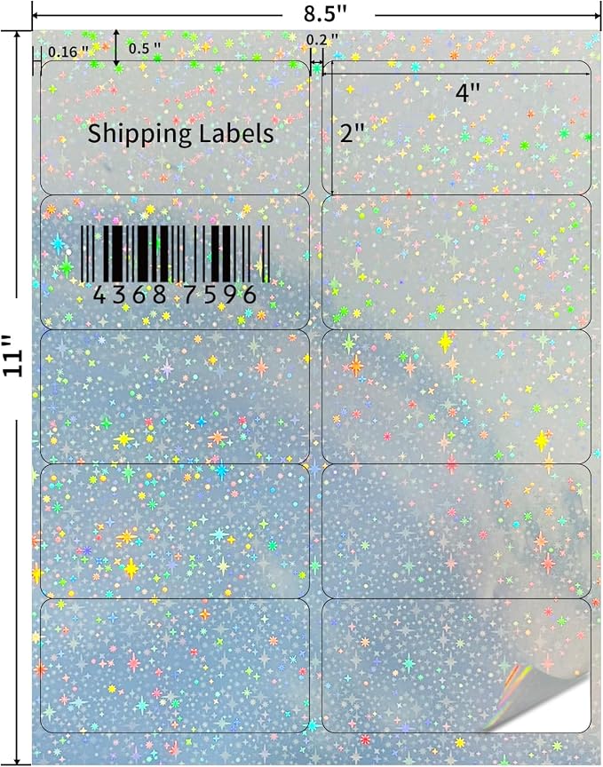 Shipping Labels Stickers, 2"×4" Printable Holographic Mailing Labels for Laser/Inkjet Printing- Matte Holographic Star- 8.5"×11"- 20 Sheet