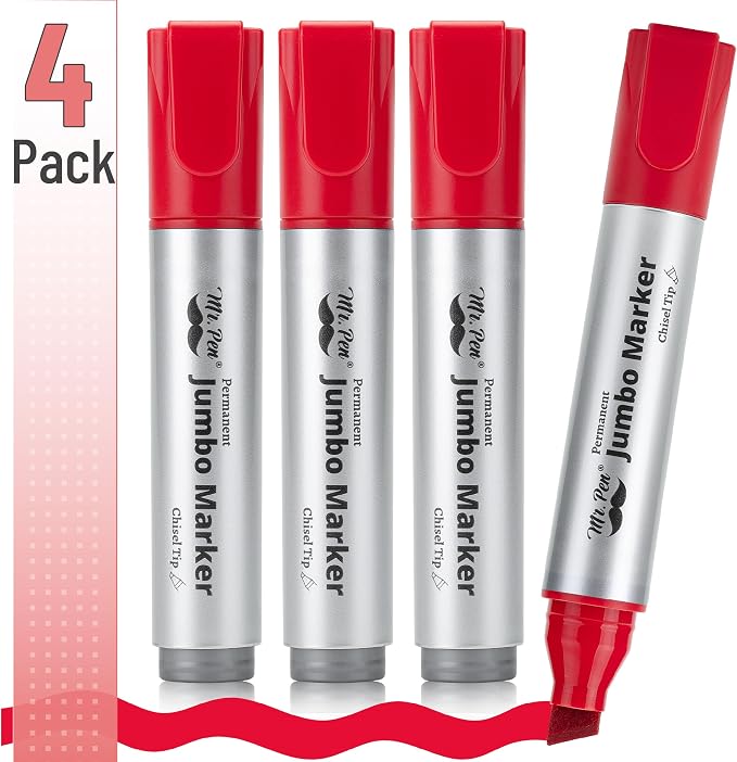 Mr. Pen- Jumbo Permanent Markers, 4 Pack, Red, Chisel Tip, Wide Tip, Large | Thick Permanent Markers for Canvas, Posters Board, Fabric, Window, Glass, Wood, Waterproof, Quick Dry
