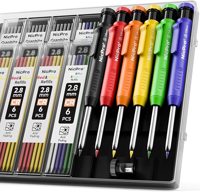 Nicpro 6 Pack Carpenter Pencil with Sharpener, Mechanical Carpenter Pencils with 48 Refill (Black,Red,Yellow,Blue,Green,White), Deep Hole Marker Construction Pencil, Heavy Duty Woodworking -With Case