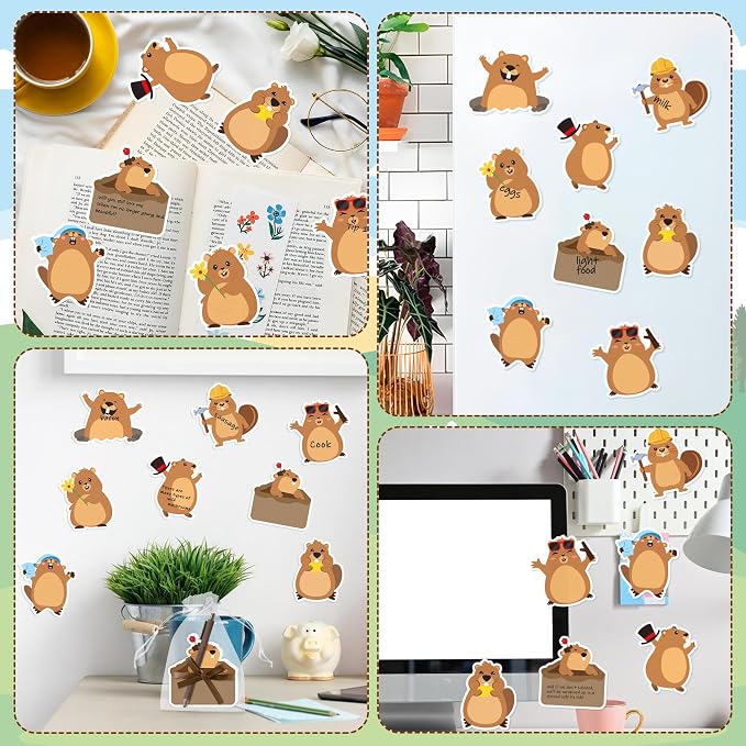 CJiangpo 24 Pack Groundhog Sticky Note with Pen Gift Set, Cute Cartoon Self Stick Notepad Funny Memo Pad Ballpoint Pens with Organza Bags, Groundhog Day Party Favor Gift for Kids Classroom Rewards