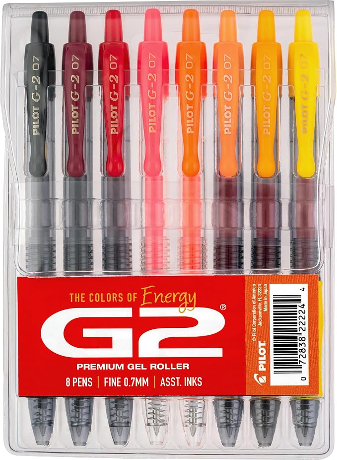 Pilot G2 Premium Gel Roller Pens, G2 Boost Red Pens Pack, The Colors of Energy, 8 Pack Pouch, Fine Point 0.7 mm, Assorted