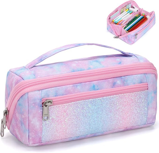 Large Pencil Case for Girls - Aesthetic Pencil Pouch for School | Kids Pencil Case & Wide Handle, Water Resistent Organizer Box,Fits 50 Pens & Markers, Daily Use, Pink Tie Die