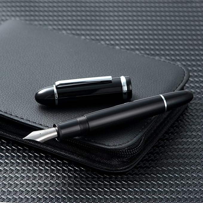 Jinhao X159 Black Acrylic Fountain Pen, Size 8 Medium Nib Silver Trim Classic Design Smooth Writing Pen with Converter