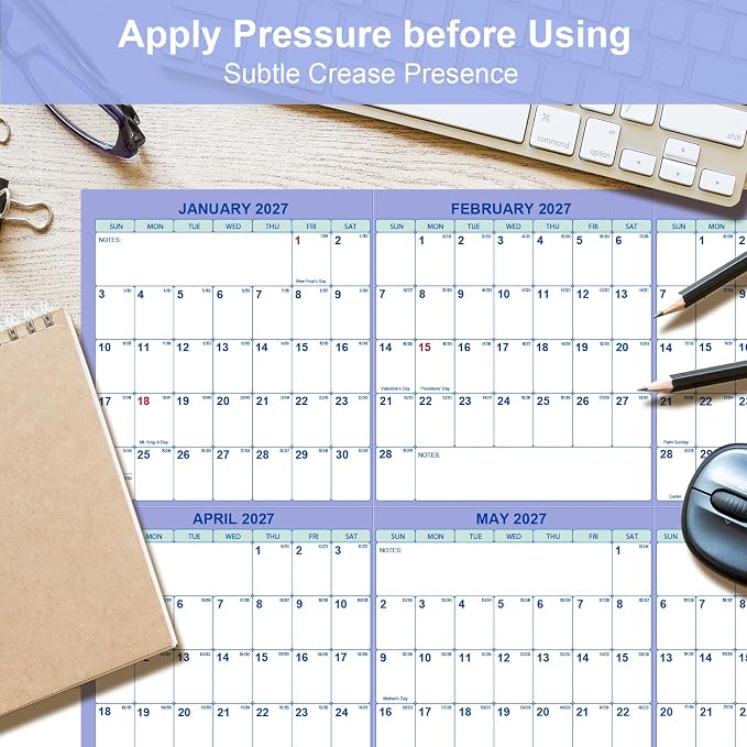 3 Pack 24" x 36" 2027 Wall Calendar, Folded Wet & Dry Erase 12 Month | Folded Wet & Dry Erase Wall Calendar 12 Month, Yearly Laminated Reversible Annual Planner, Horizontal/Vertical, Julian Dates