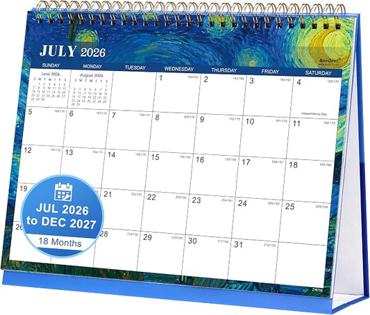Desk Calendar 2026-2027 Flip Desktop Calendar Jul 2026 - Dec 2027 | 9.8" x 8.3" Starry Night Van Gogh Desk Planner with Thick Paper for Office Home School
