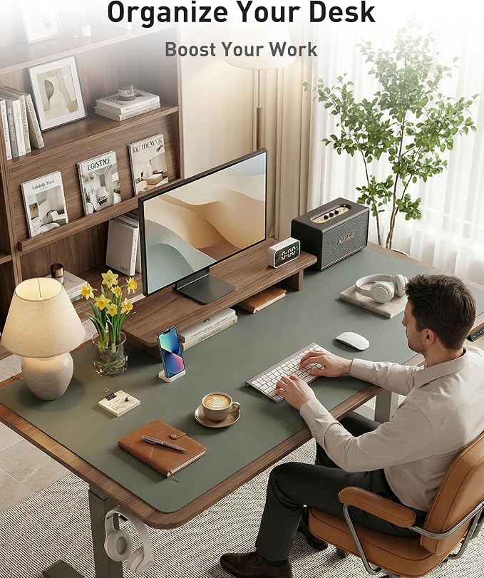 Aothia Faux Leather Desk Mat - Large Mouse Pad, Non-Slip PU Leather Blotter, Waterproof Writing Surface for Office and Home (Jungle Green, 42" x 17")